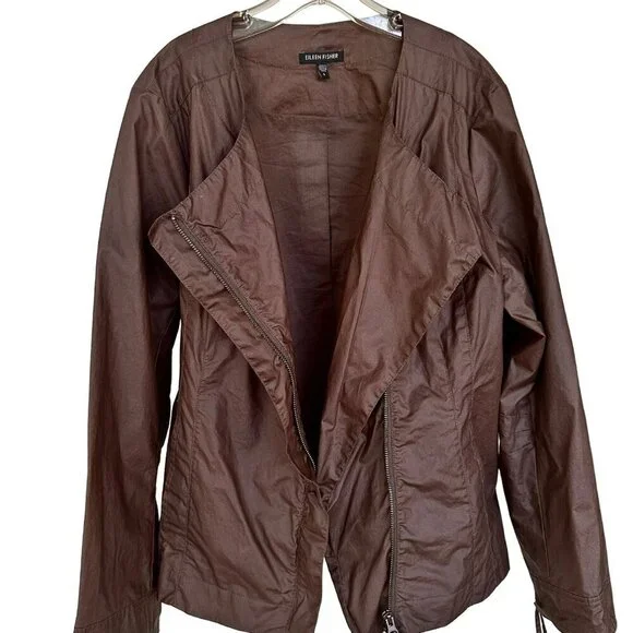 Eileen Fisher Womens Large Lightweight Asymmetrical Zip Moto Jacket Brown Lined - Picture 2 of 11